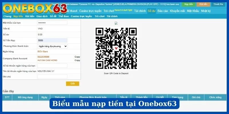 Biểu mẫu nạp tiền tại Onebox63